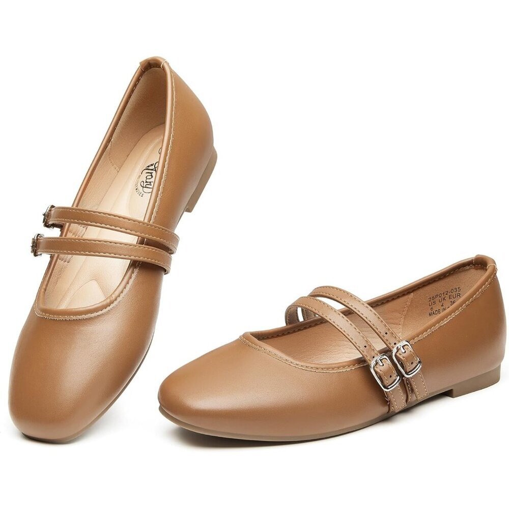 Trary Women LightBrown Polyurethane Square Toe Slip On Buckle Strap Ballet Flats